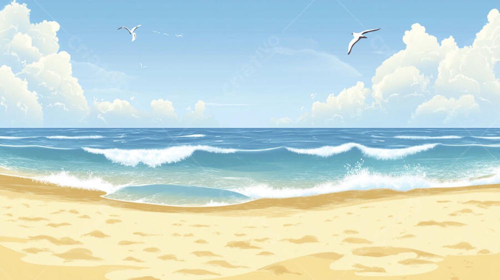 Ilustração Digital de Praia Tropica com Areia Dourada, Mar Azul e Palmeiras Verdes em Estilo Cartoon
