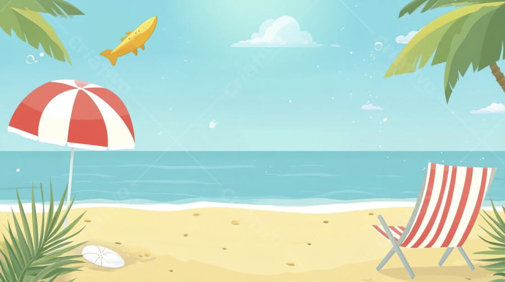 Ilustração Digital de Praia Tropica com Areia Dourada, Mar Azul e Palmeiras Verdes em Estilo Cartoon