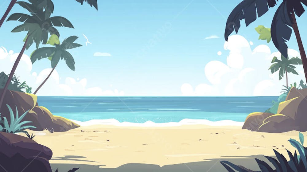 Ilustração Digital de Praia Tropica com Areia Dourada, Mar Azul e Palmeiras Verdes em Estilo Cartoon