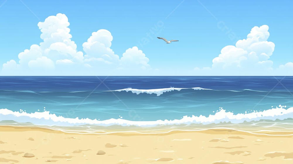 Ilustração Digital de Praia Tropica com Areia Dourada, Mar Azul e Palmeiras Verdes em Estilo Cartoon