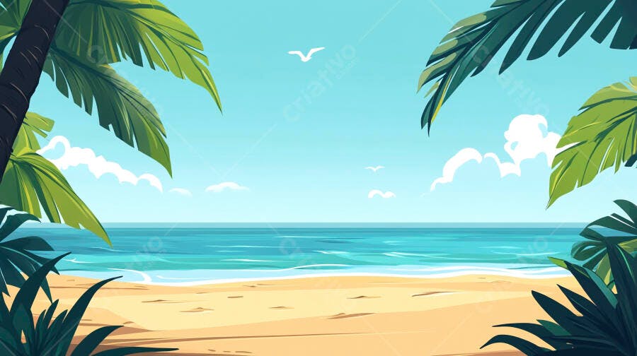 Praia tropical com palmeiras e mar azul