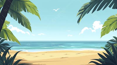 Ilustração Digital de Praia Tropica com Areia Dourada, Mar Azul e Palmeiras Verdes em Estilo Cartoon