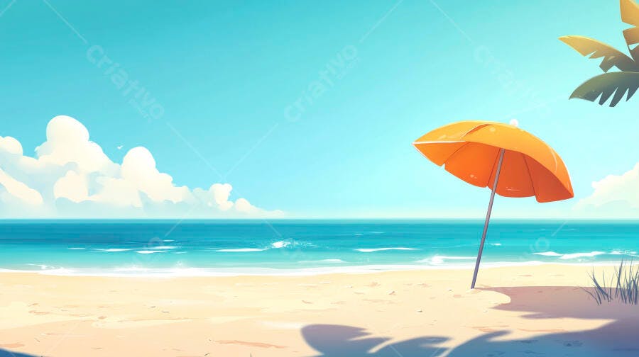 Guarda-sol laranja em praia paradisíaca