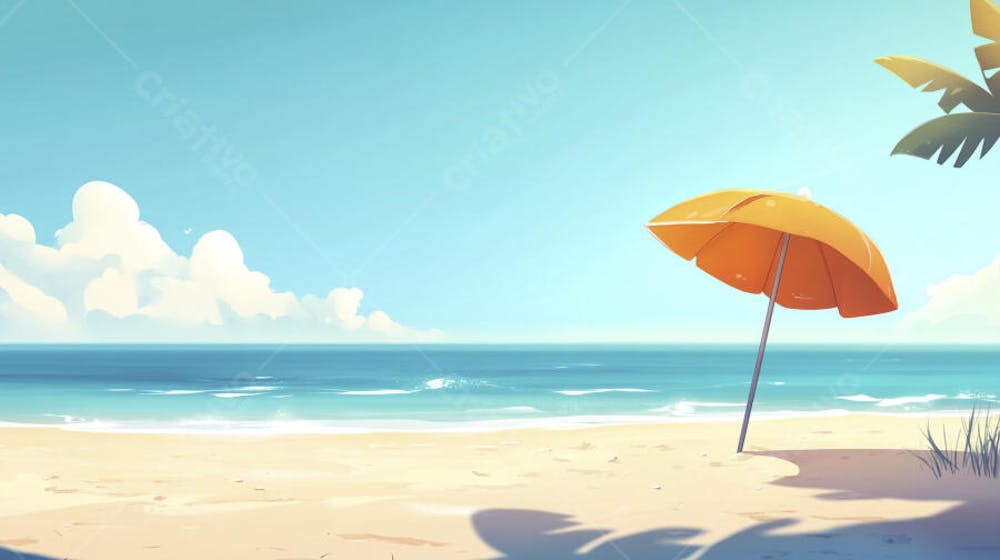Ilustração Digital de Praia Tropica com Areia Dourada, Mar Azul e Palmeiras Verdes em Estilo Cartoon