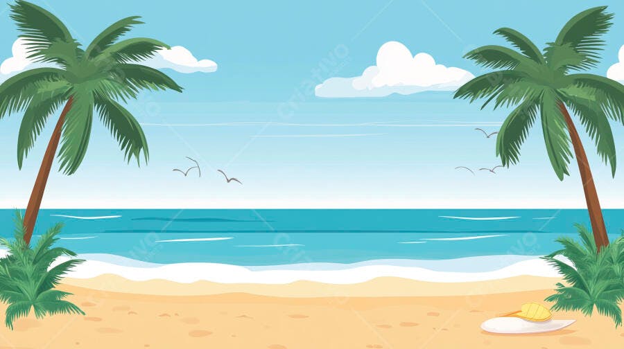 Praia tropical com coqueiros e prancha