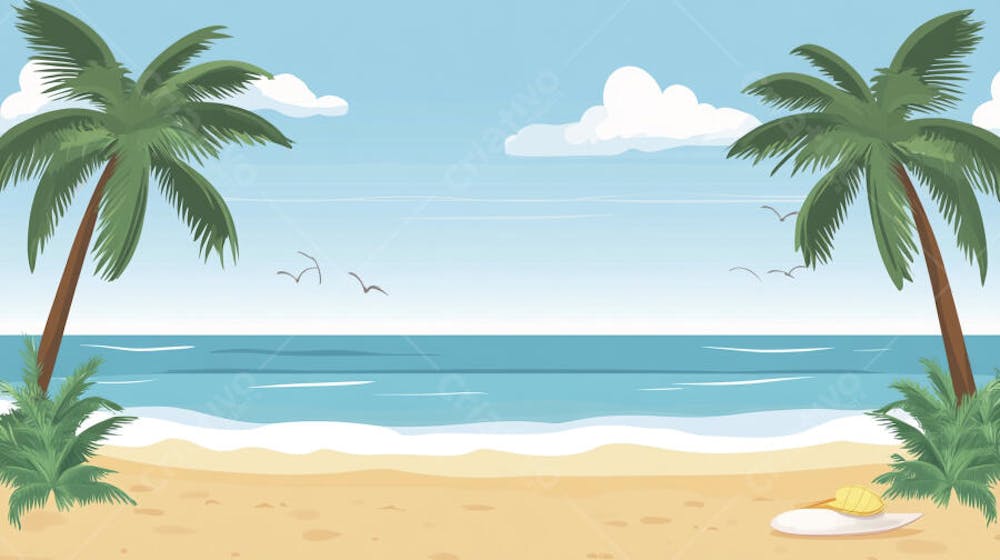 Ilustração Digital de Praia Tropica com Areia Dourada, Mar Azul e Palmeiras Verdes em Estilo Cartoon