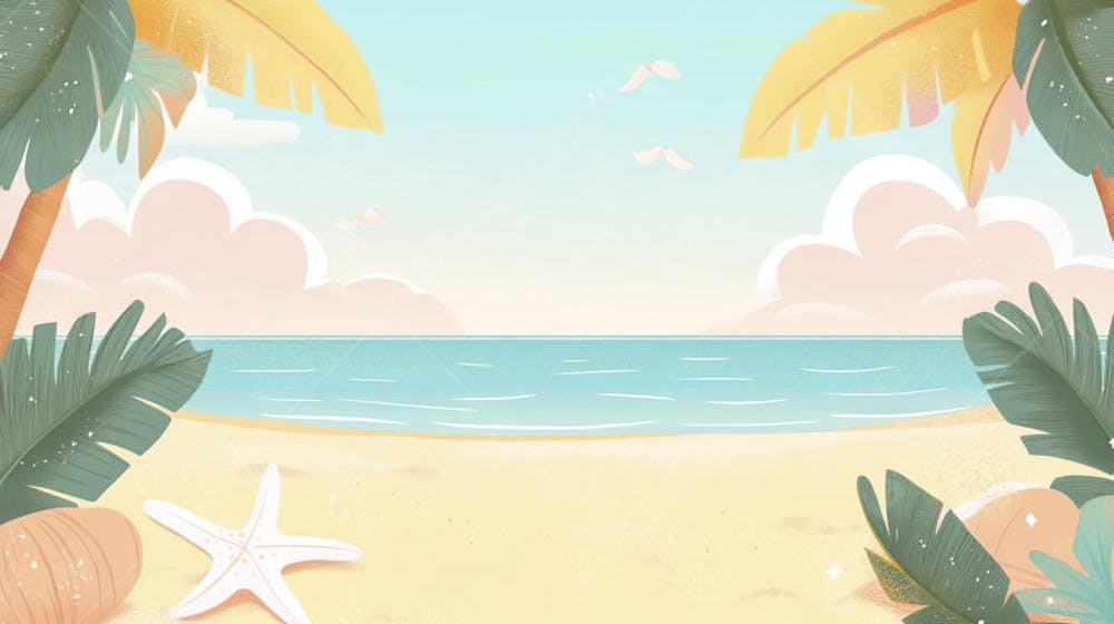 Ilustração Digital de Praia Tropica com Areia Dourada, Mar Azul e Palmeiras Verdes em Estilo Cartoon