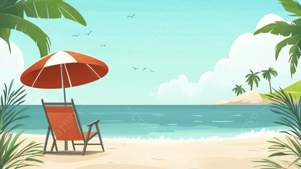 Ilustração Digital de Praia Tropica com Areia Dourada, Mar Azul e Palmeiras Verdes em Estilo Cartoon
