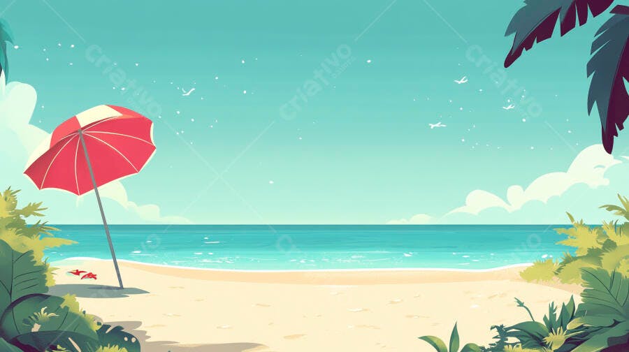 Praia tropical com guarda-sol vermelho