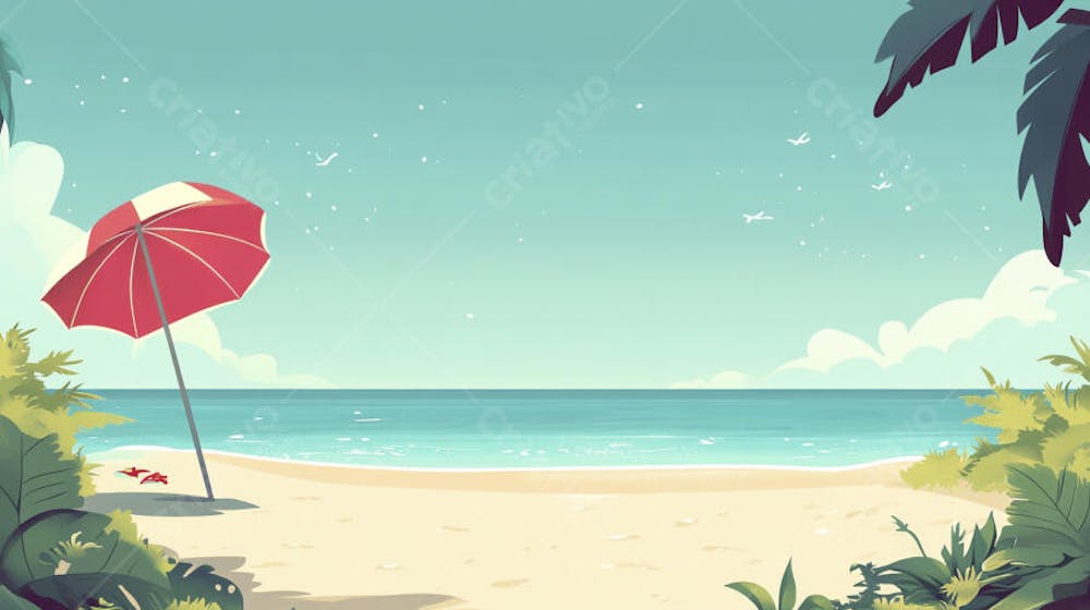 Ilustração Digital de Praia Tropica com Areia Dourada, Mar Azul e Palmeiras Verdes em Estilo Cartoon