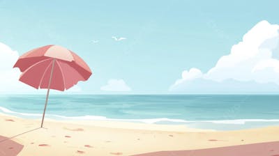 Ilustração Digital de Praia Tropica com Areia Dourada, Mar Azul e Palmeiras Verdes em Estilo Cartoon
