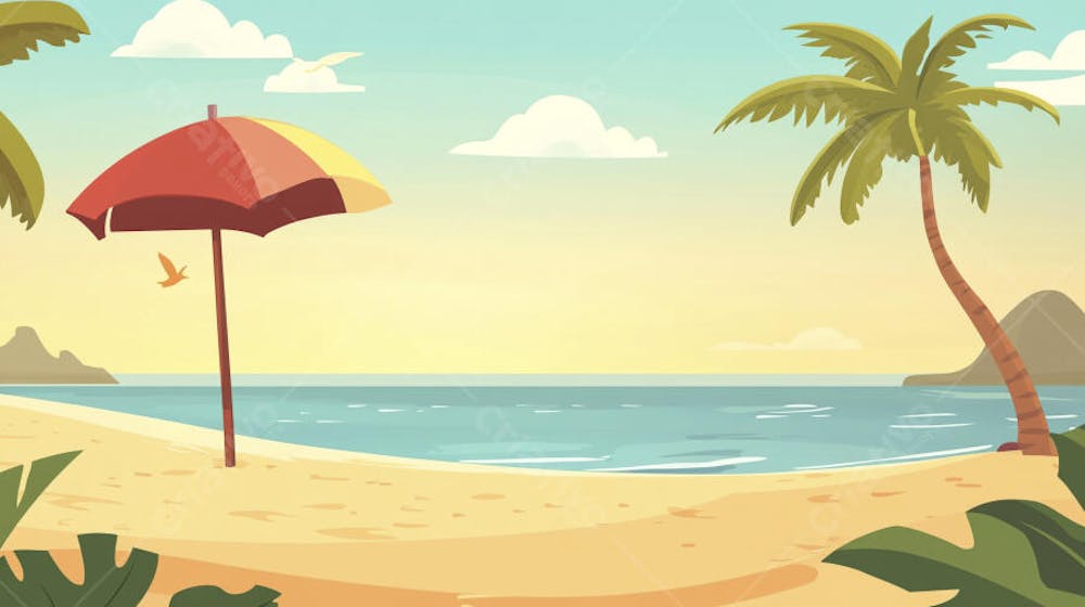 Ilustração Digital de Praia Tropica com Areia Dourada, Mar Azul e Palmeiras Verdes em Estilo Cartoon