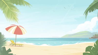 Ilustração Digital de Praia Tropica com Areia Dourada, Mar Azul e Palmeiras Verdes em Estilo Cartoon