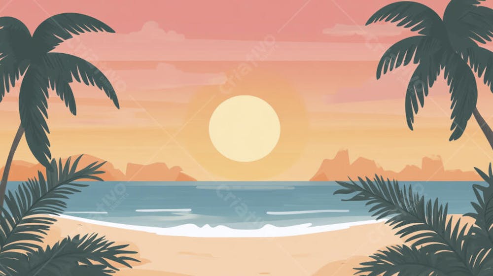 Ilustração Digital de Praia Tropica com Areia Dourada, Mar Azul e Palmeiras Verdes em Estilo Cartoon