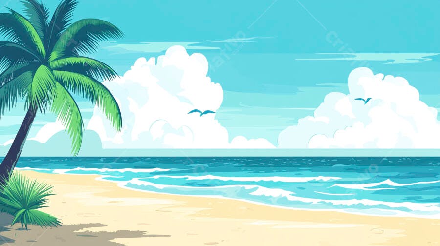 Praia tropical com coqueiro e mar azul