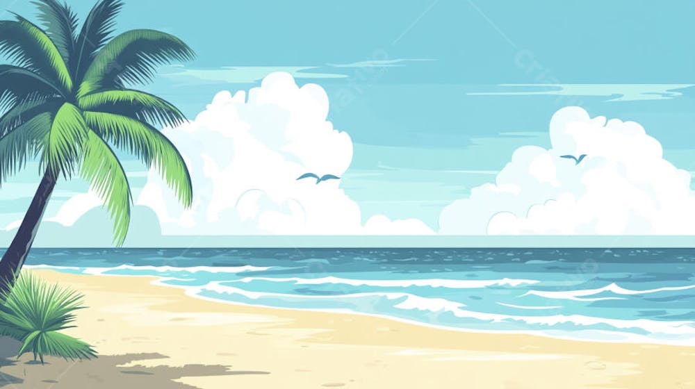 Ilustração Digital de Praia Tropica com Areia Dourada, Mar Azul e Palmeiras Verdes em Estilo Cartoon