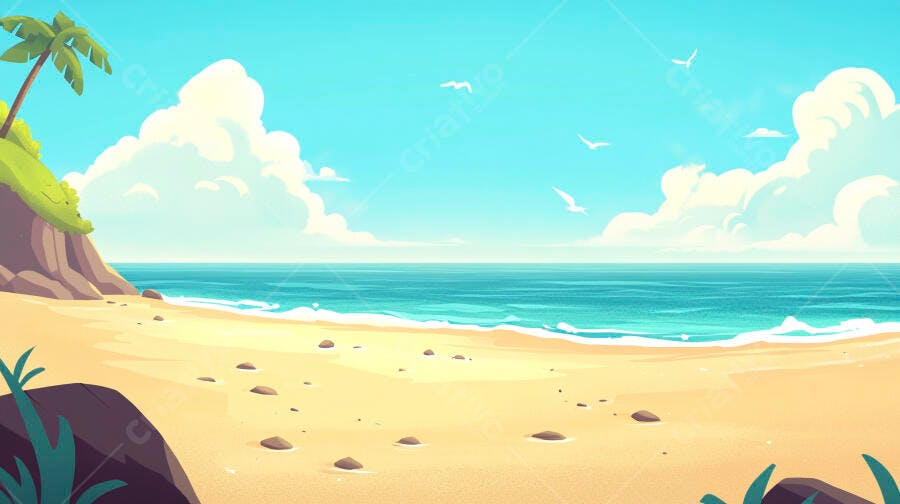Praia tropical ensolarada com mar azul turquesa