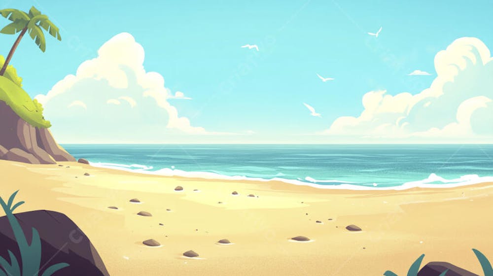 Ilustração Digital de Praia Tropica com Areia Dourada, Mar Azul e Palmeiras Verdes em Estilo Cartoon