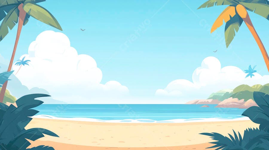 Praia tropical ensolarada com palmeiras
