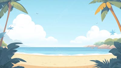 Ilustração Digital de Praia Tropica com Areia Dourada, Mar Azul e Palmeiras Verdes em Estilo Cartoon