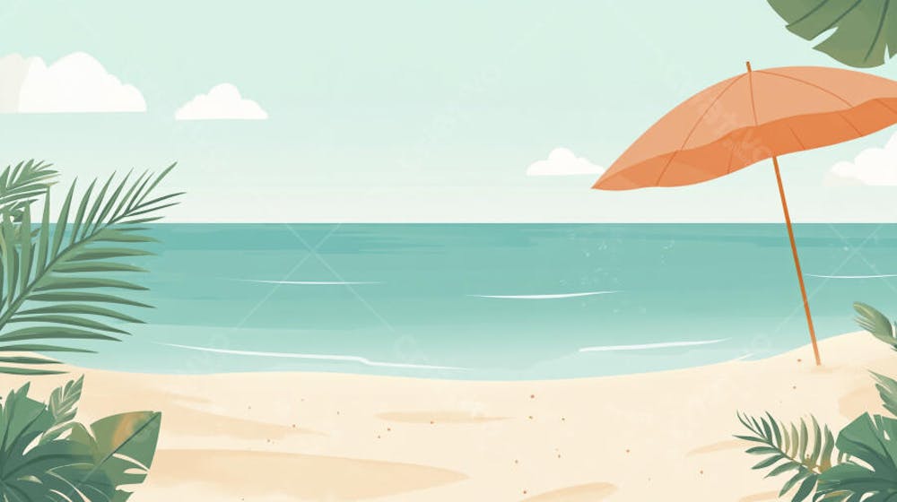 Ilustração Digital de Praia Tropica com Areia Dourada, Mar Azul e Palmeiras Verdes em Estilo Cartoon