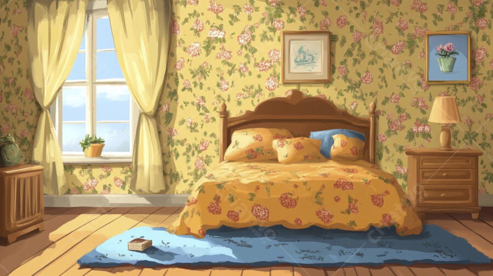 Ilustração Digital de Quarto Aconchegante com Cama de Casal, Iluminação Natural e Plantas Decorativas