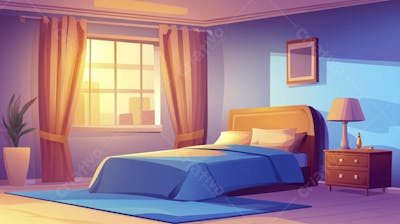 Ilustração Digital de Quarto Aconchegante com Cama de Casal, Iluminação Natural e Plantas Decorativas