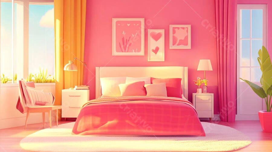 Quarto rosa com cama e decoração romântica