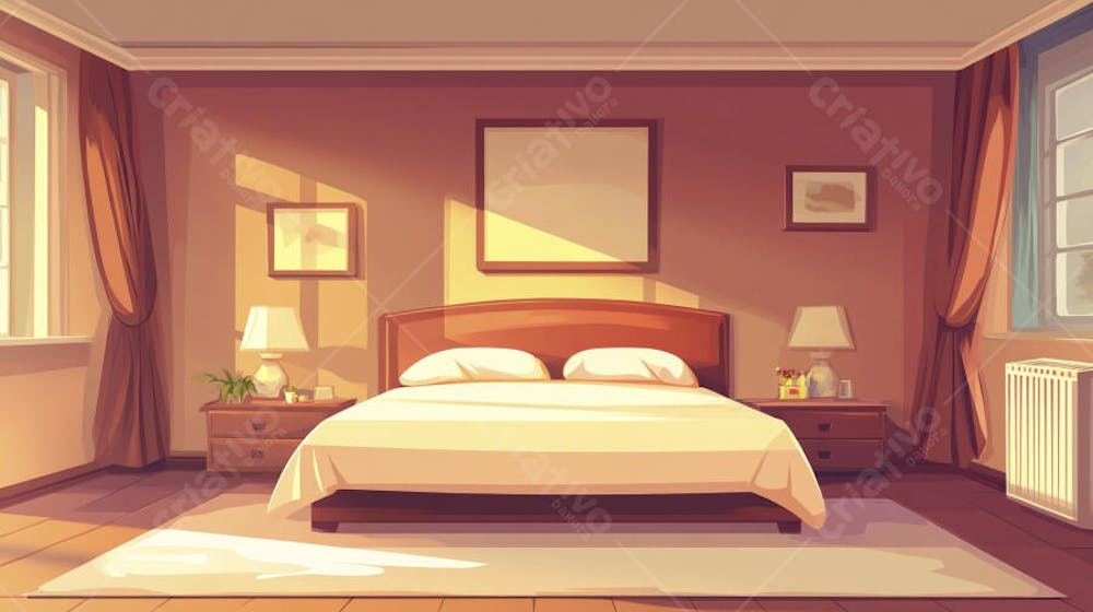 Ilustração Digital de Quarto Aconchegante com Cama de Casal, Iluminação Natural e Plantas Decorativas