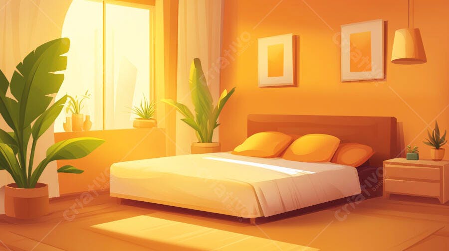 Quarto aconchegante com cama e plantas