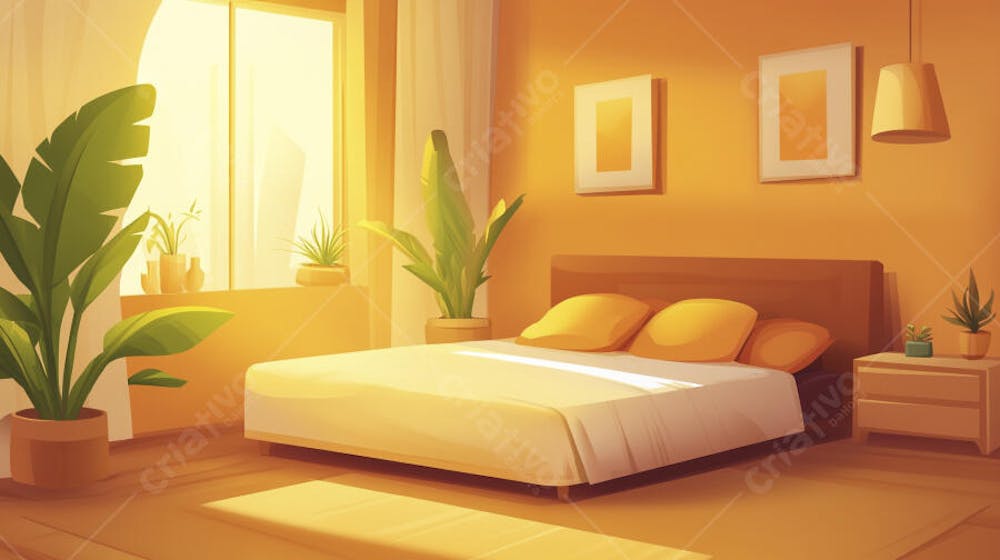 Ilustração Digital de Quarto Aconchegante com Cama de Casal, Iluminação Natural e Plantas Decorativas
