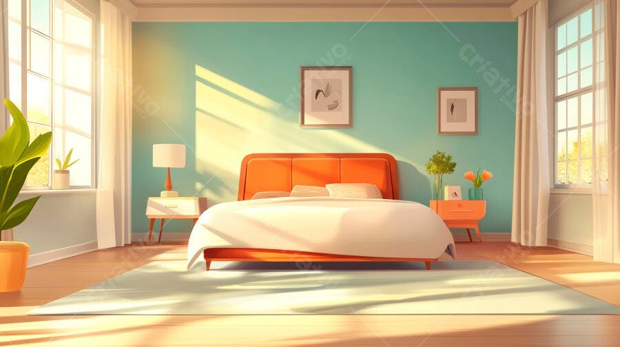 Quarto aconchegante estilo moderno com cama laranja