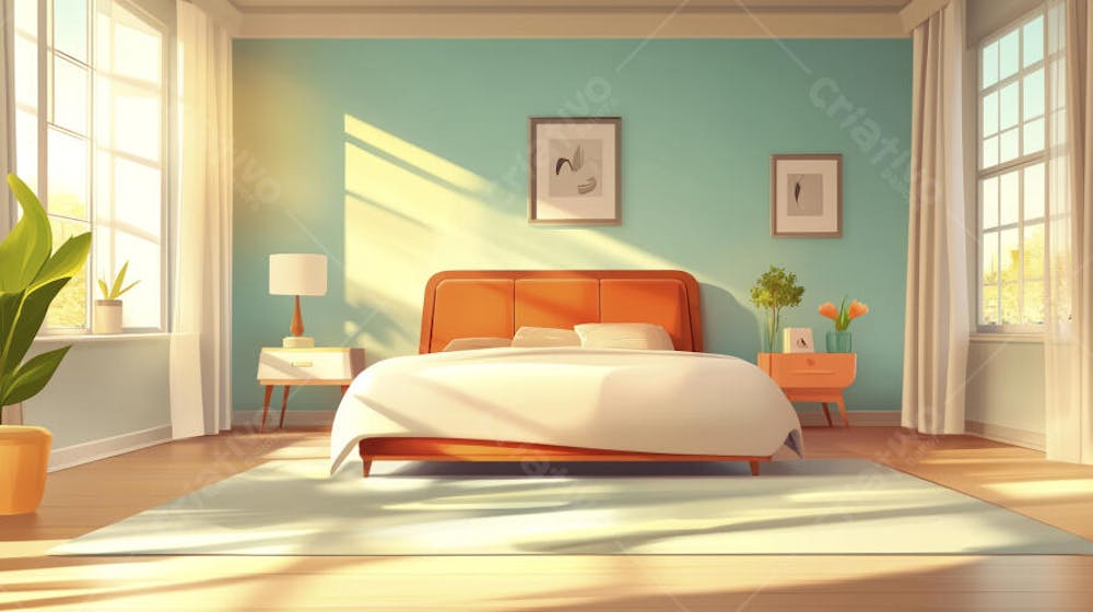 Ilustração Digital de Quarto Aconchegante com Cama de Casal, Iluminação Natural e Plantas Decorativas