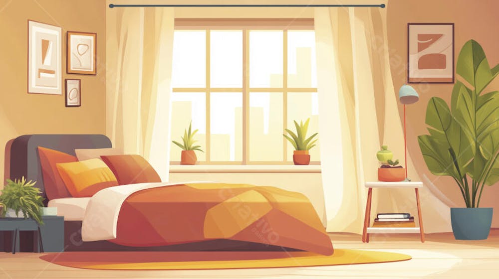 Ilustração Digital de Quarto Aconchegante com Cama de Casal, Iluminação Natural e Plantas Decorativas