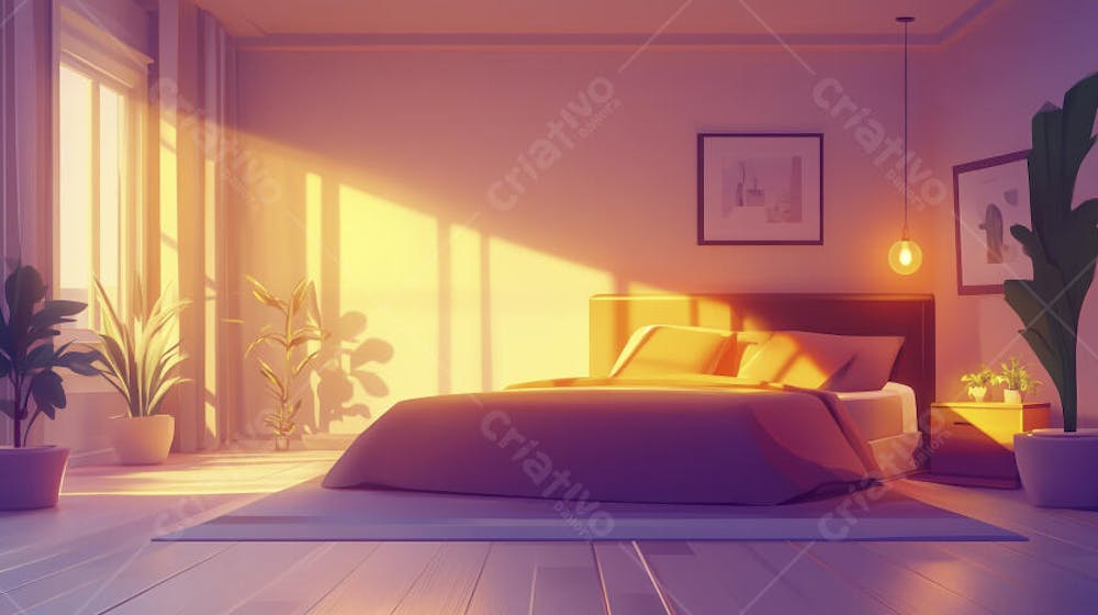 Ilustração Digital de Quarto Aconchegante com Cama de Casal, Iluminação Natural e Plantas Decorativas
