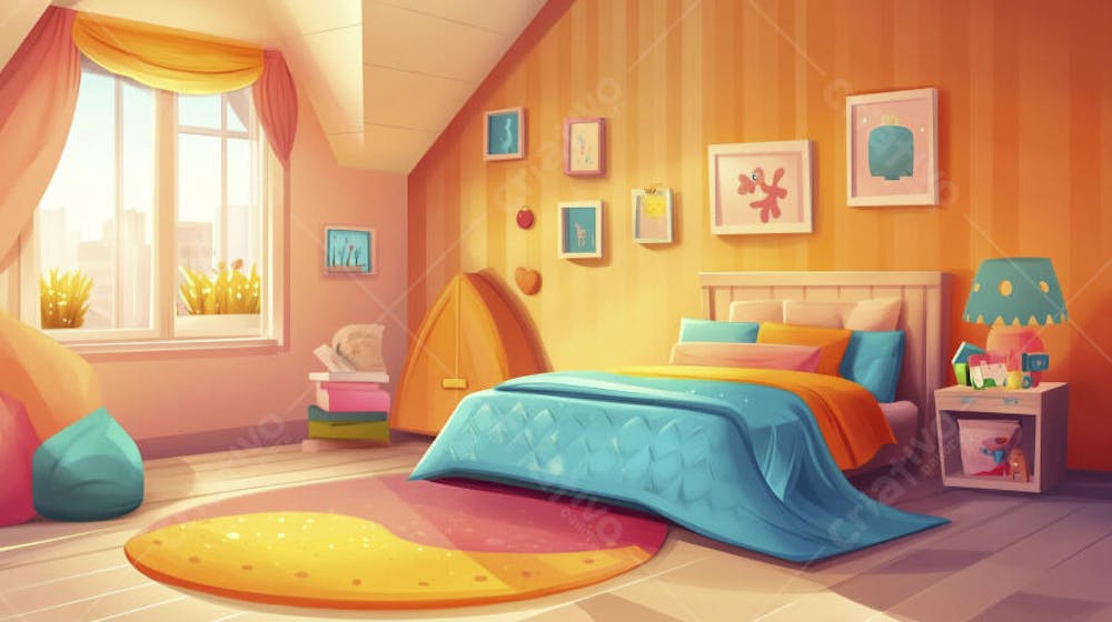 Ilustração Digital de Quarto Aconchegante com Cama de Casal, Iluminação Natural e Plantas Decorativas