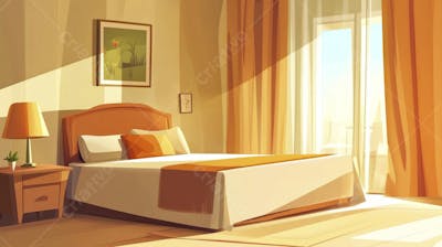 Ilustração Digital de Quarto Aconchegante com Cama de Casal, Iluminação Natural e Plantas Decorativas