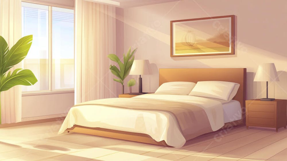 Ilustração Digital de Quarto Aconchegante com Cama de Casal, Iluminação Natural e Plantas Decorativas