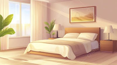 Ilustração Digital de Quarto Aconchegante com Cama de Casal, Iluminação Natural e Plantas Decorativas