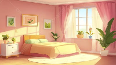 Ilustração Digital de Quarto Aconchegante com Cama de Casal, Iluminação Natural e Plantas Decorativas