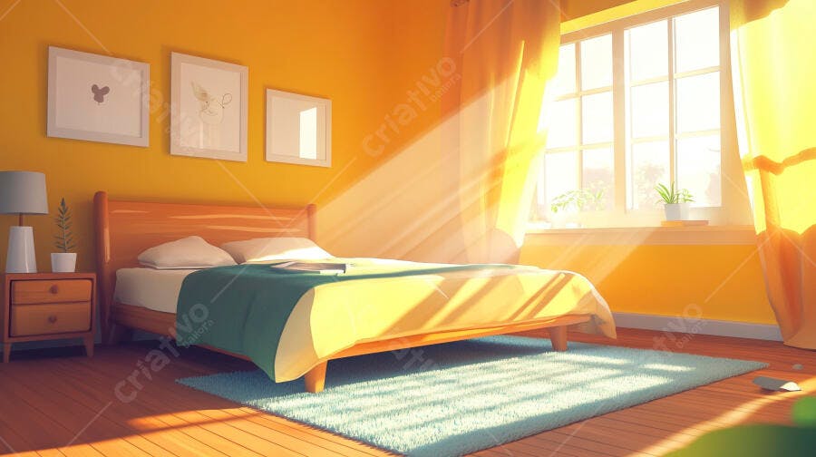 Quarto aconchegante com sol da manhã