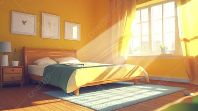 Ilustração Digital de Quarto Aconchegante com Cama de Casal, Iluminação Natural e Plantas Decorativas