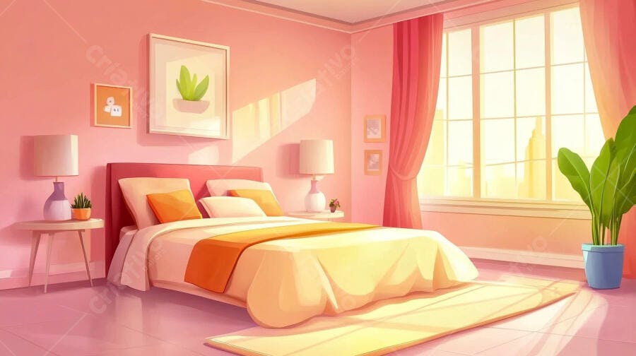 Quarto aconchegante rosa com cama e vista da cidade