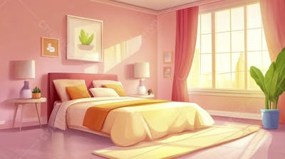Ilustração Digital de Quarto Aconchegante com Cama de Casal, Iluminação Natural e Plantas Decorativas