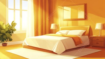 Ilustração Digital de Quarto Aconchegante com Cama de Casal, Iluminação Natural e Plantas Decorativas
