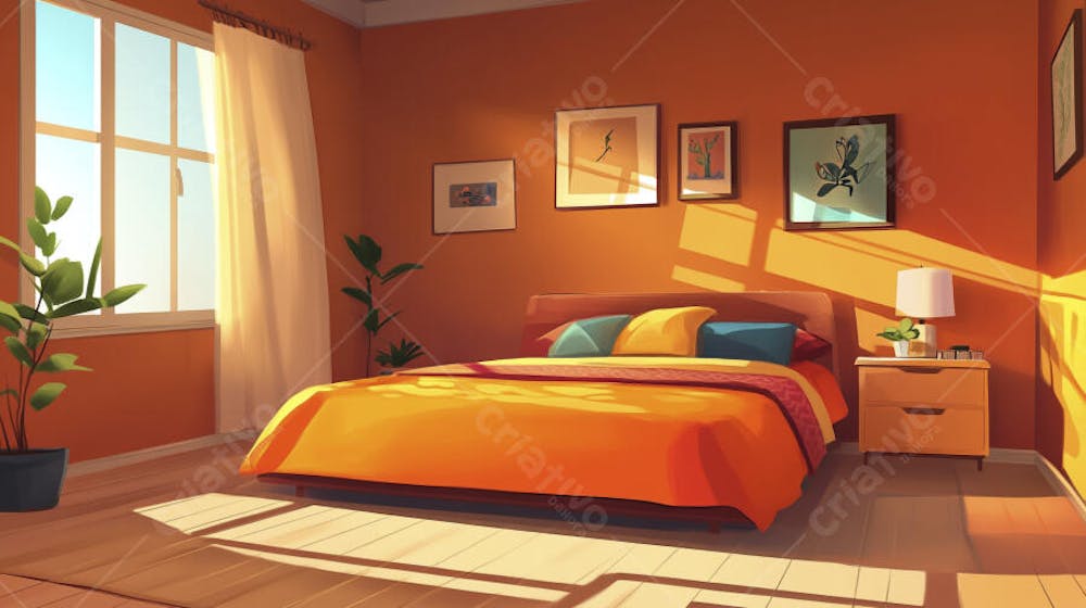 Ilustração Digital de Quarto Aconchegante com Cama de Casal, Iluminação Natural e Plantas Decorativas