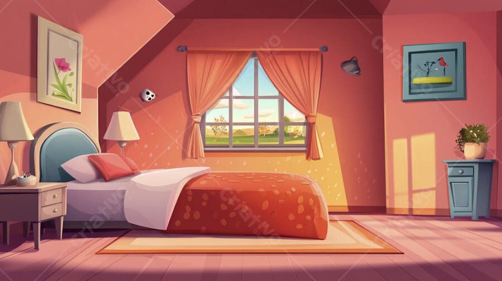 Ilustração Digital de Quarto Aconchegante com Cama de Casal, Iluminação Natural e Plantas Decorativas