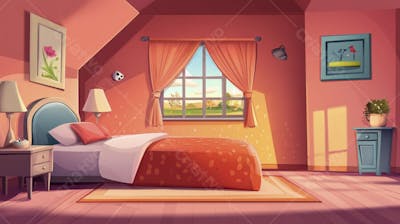 Ilustração Digital de Quarto Aconchegante com Cama de Casal, Iluminação Natural e Plantas Decorativas
