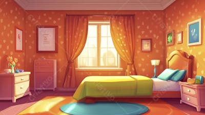 Ilustração Digital de Quarto Aconchegante com Cama de Casal, Iluminação Natural e Plantas Decorativas