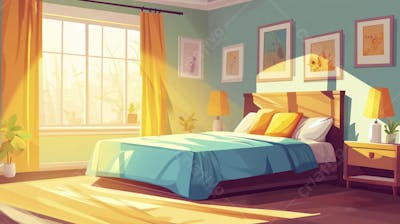 Ilustração Digital de Quarto Aconchegante com Cama de Casal, Iluminação Natural e Plantas Decorativas